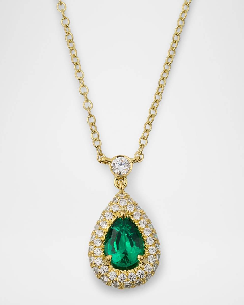 18K Yellow Gold Pear Emerald and Diamond Pendant Necklace